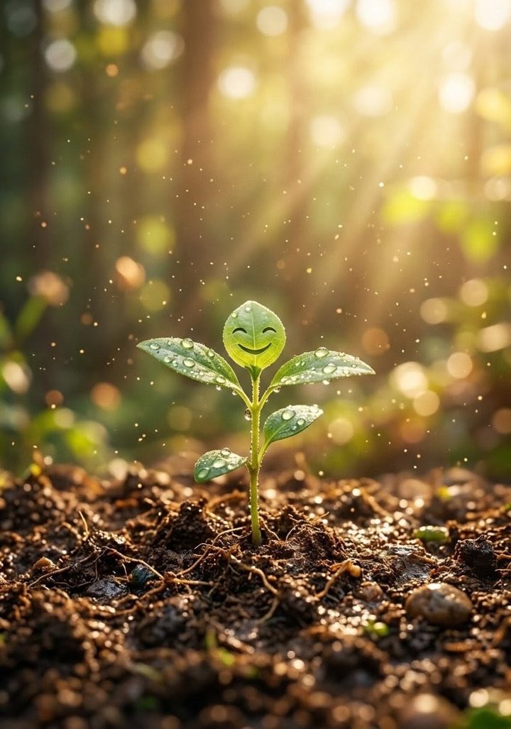 A small green seedling with a smiling leaf in morning sunlight